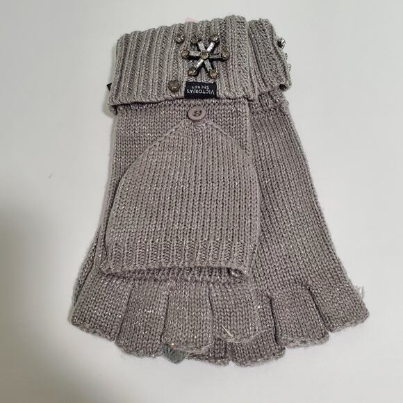 Victorias Secret Snowflake Sparkle Fingerless Gloves Mitten Gray Convertible New - Picture 1 of 11